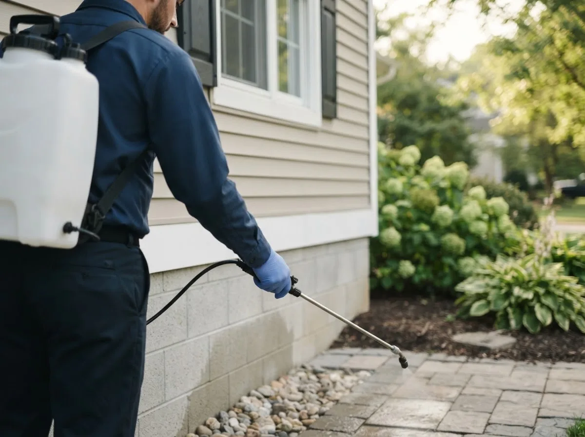Pest control technician inspecting a home in Winston, MO